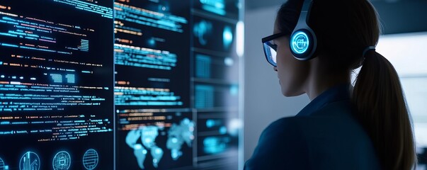 virtual database tools, holographic displays, coder in high-tech office