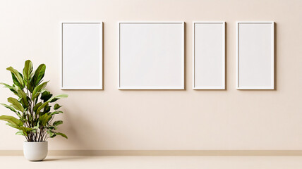 Poster - Blank white wooden picture frame mockup hanging on light beige wall