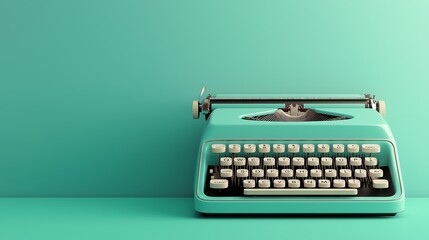 A vintage turquoise typewriter positioned against a light emerald green abstract background with ample copy space