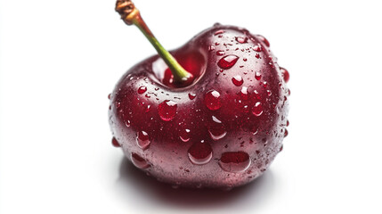 Wall Mural - Fresh cherry with water droplets glistening in natural light on a white background