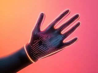 Holographic sports gloves, real-time grip analysis, neon-lit design, cutting-edge sports accessories