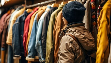 Wall Mural - Individual selecting a jacket from a clothing rack in a vibrant retail environment