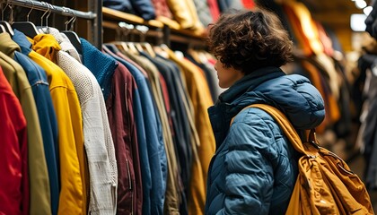 Wall Mural - Individual selecting a jacket from a clothing rack in a vibrant retail environment