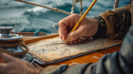 Sticker - Hands draw on an old map on a wooden surface in a nautical setting. Despite rough seas, a peaceful and historical sailing journey is conveyed through careful navigation.