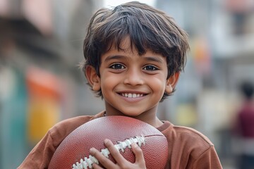 Bright Eyed Indian Kid Proudly Holding Their Favorite Football