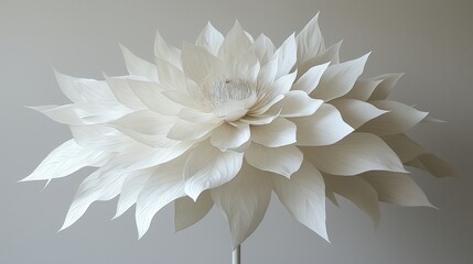 A large, stylized white flower with intricate petal details, displayed against a neutral background