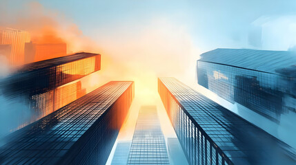 Poster - Abstract view of skyscrapers with a warm glow at sunset.