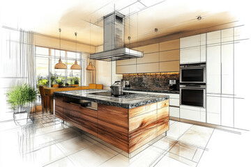 Stylish kitchen interior with modern furniture. Combination of photo and sketch - Generative AI