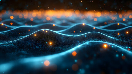 Poster - Abstract visualization of waves with glowing particles.