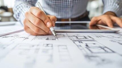 A creative professional sketches a design on a large tablet in an artistic studio environment with architectural plans on the table