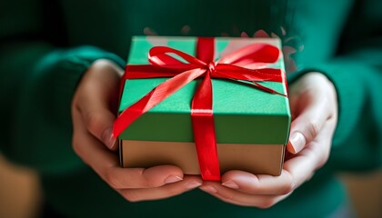 Canvas Print - Festively wrapped gift box held by a person, adorned with a bright red ribbon and colorful green and red paper