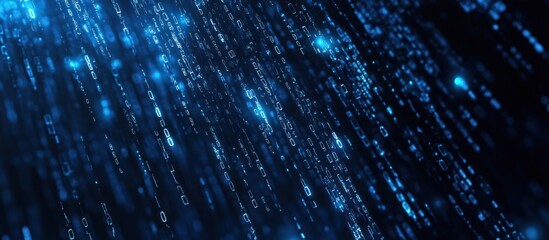 Abstract digital binary code falling in blue glow on dark background