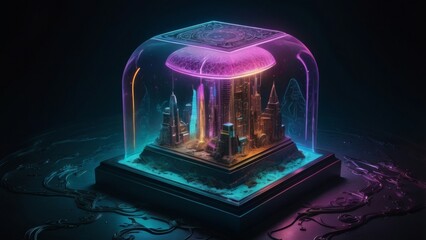 A miniature city encased in glass, glowing with neon light.