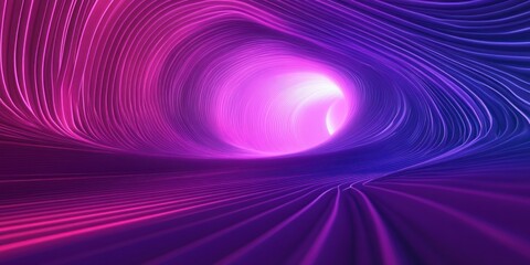 abstract pink and blue glowing lines create a swirling tunnel with a light at the end.