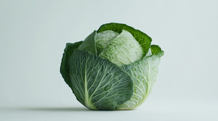 Fresh green cabbage with vibrant leaves against a light background showcasing its natural texture and form