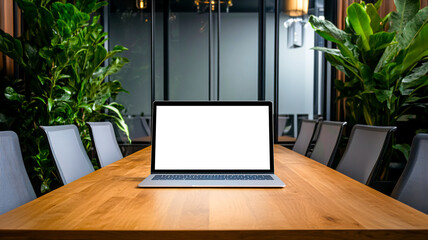 Poster - Laptop screen mockup on wooden table in modern conference room