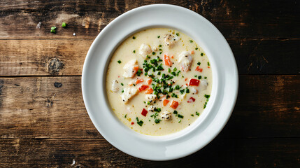 Wall Mural - Bowl of creamy fish soup garnished with fresh chives and red pepper, served on a rustic wooden table