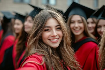 Education, women celebrating graduation with selfie and group at the ceremony outside on campus. University or college academic achievement, female students take photo and people in, Generative AI