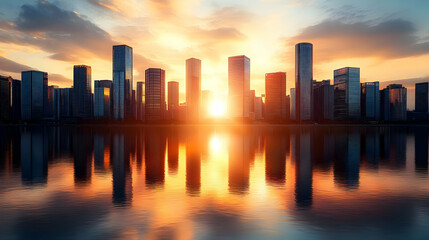 Poster - City skyline at sunset reflecting in water.