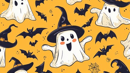 Halloween cute ghosts with witch hats and bats, a seamless pattern on a yellow background.