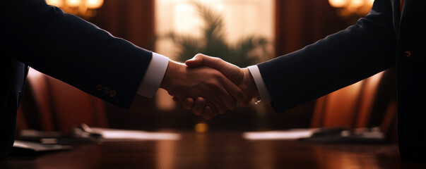 Two men shake hands in a business setting. Concept of professionalism and trust between the two individuals