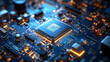 © Siasart Studio - Close-up of a microprocessor on a circuit board with glowing elements.