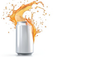 Drink can mockup with white surface with splashes of orange liquid and copy space isolated on white background, 3D render, 3D illustration