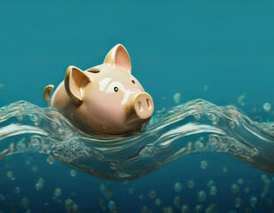 Financial Crisis and Economic Disaster Illustrated with Drowning Piggy Bank