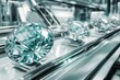 © Irina Kozel - Futuristic diamond mine showcasing advanced robots and automated systems with sparkling teal diamonds displayed on sleek surfaces
