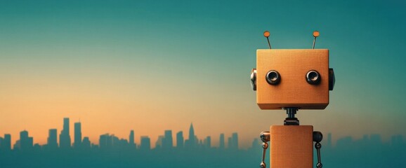 A robot stands in front of a city skyline