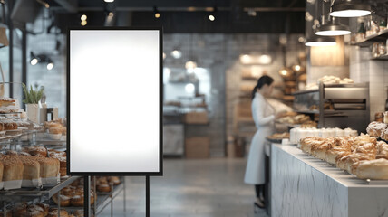 Mockup of a blank white poster in a modern bakery store