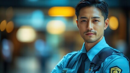 asian security guard in uniform standing vigilantly in a modern office setting soft lighting emphasizes professionalism and dedication