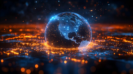 Digital representation of Earth with glowing data connections.