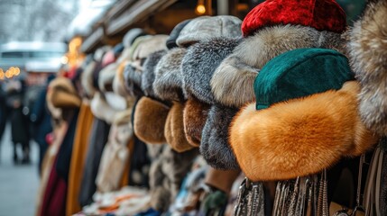 Traditional Russian fur hats and winter clothing on display in a street market.