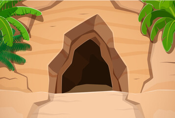 Pirate cave entrance surrounded by rocky cliffs and lush green palm leaves. Cartoon vector hole in the mountain, hidden underground tunnel or cavern, summer nature landscape, hollow game background