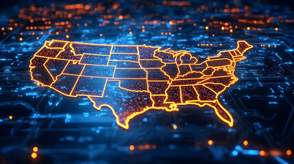 Canvas Print - Digital representation of the United States map with neon effects.