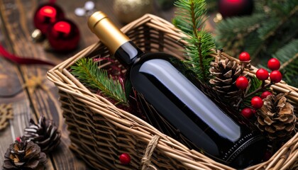 Christmas Cheer: A Bottle of Red Wine in a Festive Basket