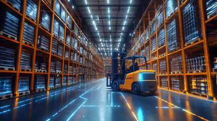 Sticker - Forklift in a modern warehouse with illuminated shelves.