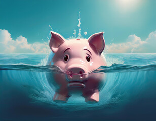 Wall Mural - Financial Crisis and Economic Disaster Illustrated with Drowning Piggy Bank