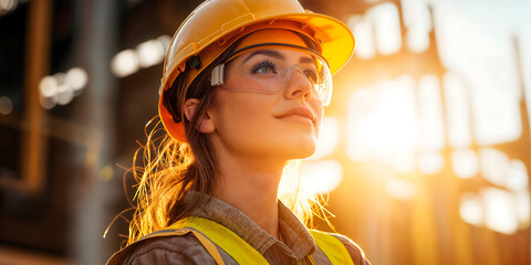 Young female construction worker in safety clothing on a commercial building site