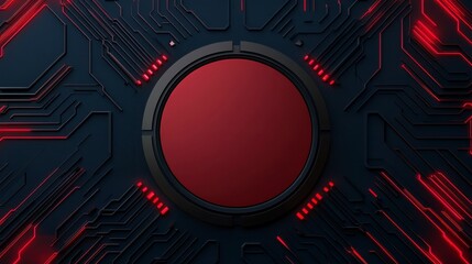 Futuristic abstract technology background with a circular red element, overlaid on intricate dark circuit patterns.