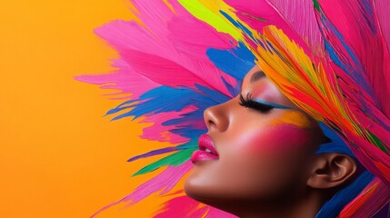 Vibrant portrait of a woman with colorful hair against an orange background, showcasing artistic beauty and creativity.