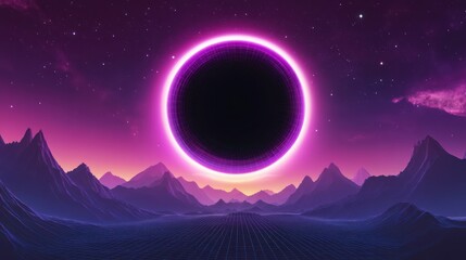 Retro Futuristic Landscape with Glowing Ring