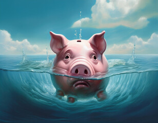 Wall Mural - Financial Crisis and Economic Disaster Illustrated with Drowning Piggy Bank