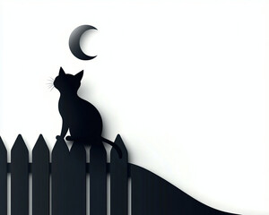 A black paper cut silhouette of a cat sitting on a fence under a crescent moon, evoking a serene and mysterious night scene.