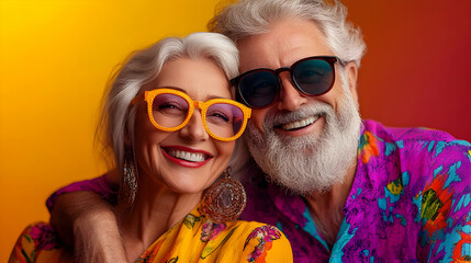 Poster - Joyful elderly couple smiling together in colorful attire.