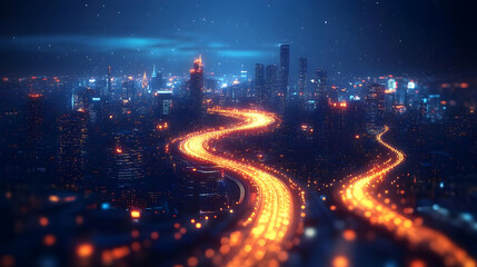 Canvas Print - Night cityscape with illuminated roads and skyline.