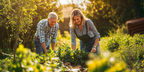 Happy retired couple gardening and enjoying life in bright sunshine