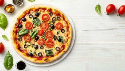 Pizza with tomato, olive and mint on board plate and white wooden background