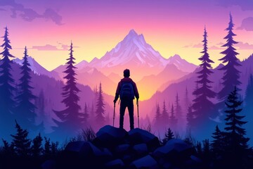 Silhouette of Hiker Against Vibrant Mountain Sunset